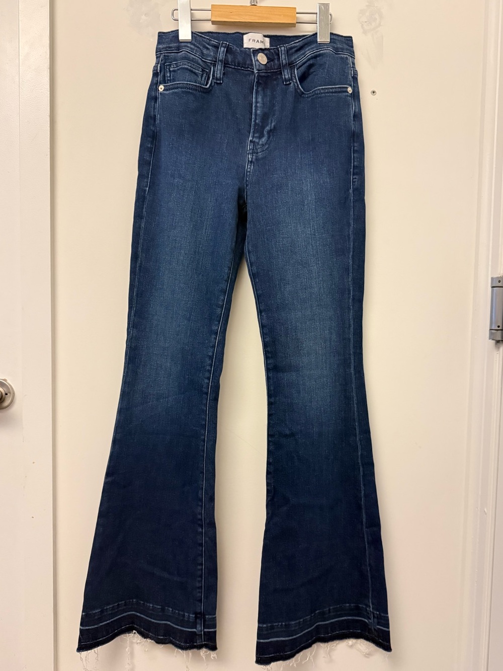 FRAME Le Pixie High Waist Flare Jeans Dark Wash Raw Hem 27